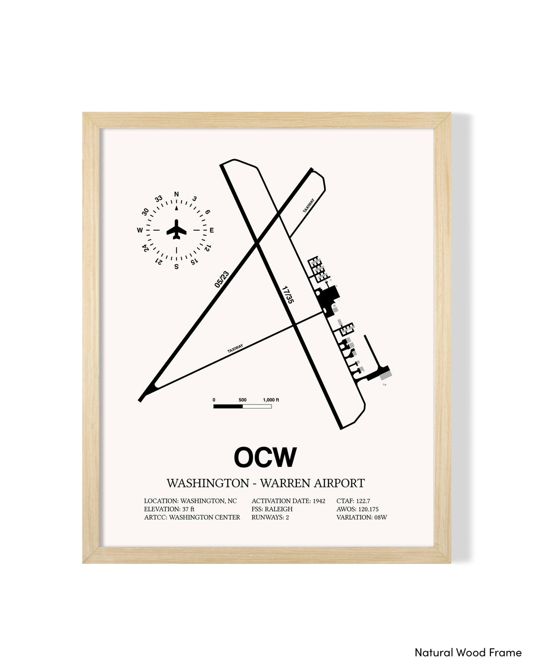 Detailed Airport Map of Washington - Warren Airport (OCW) in White with a Natural Frame