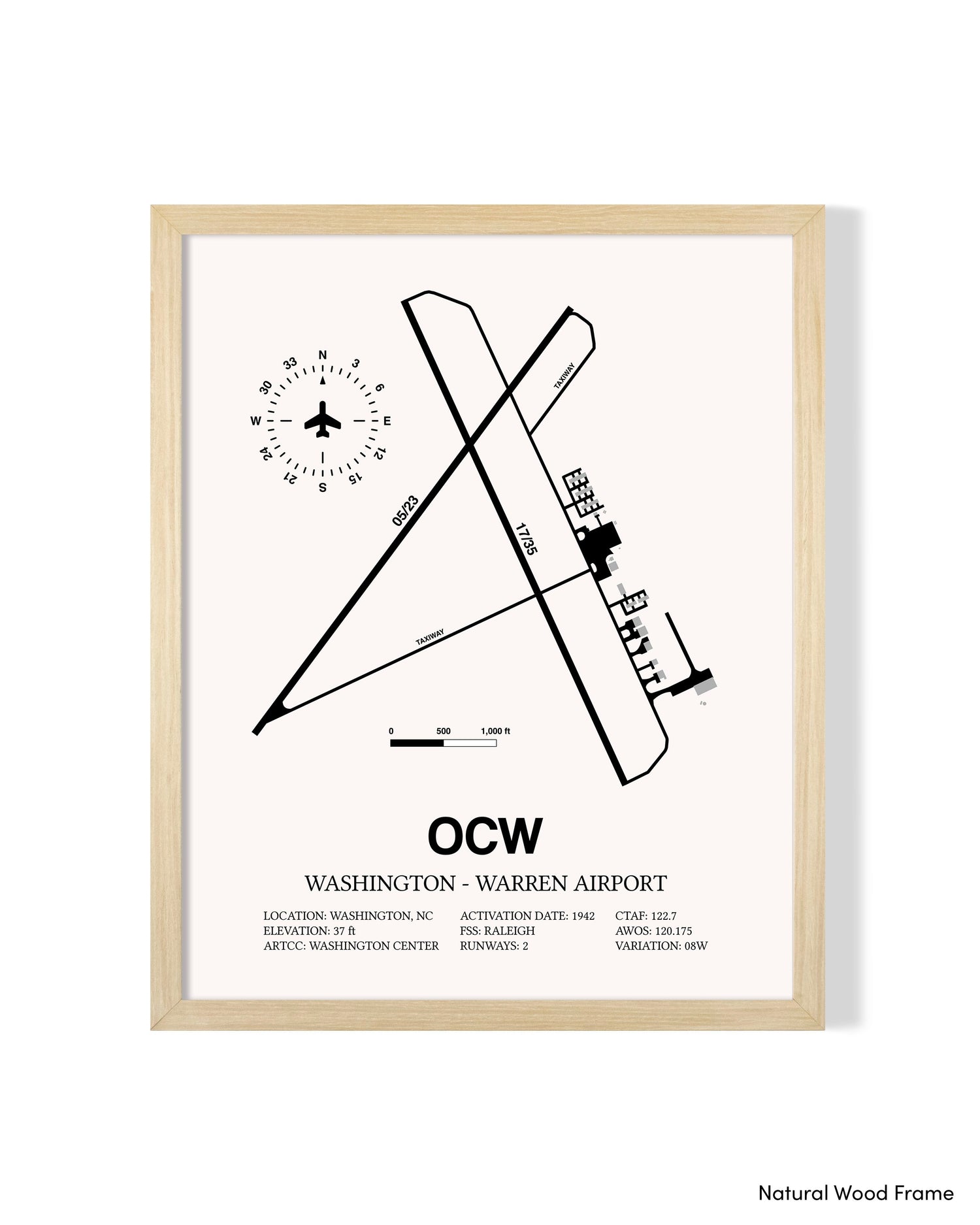 Detailed Airport Map of Washington - Warren Airport (OCW) in White with a Natural Frame