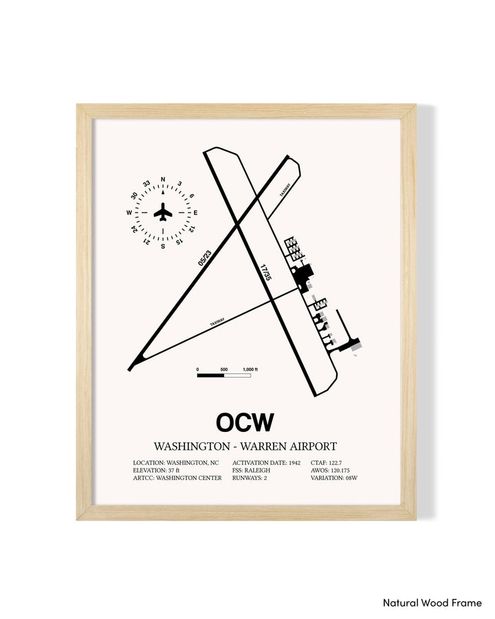 Detailed Airport Map of Washington - Warren Airport (OCW) in White with a Natural Frame