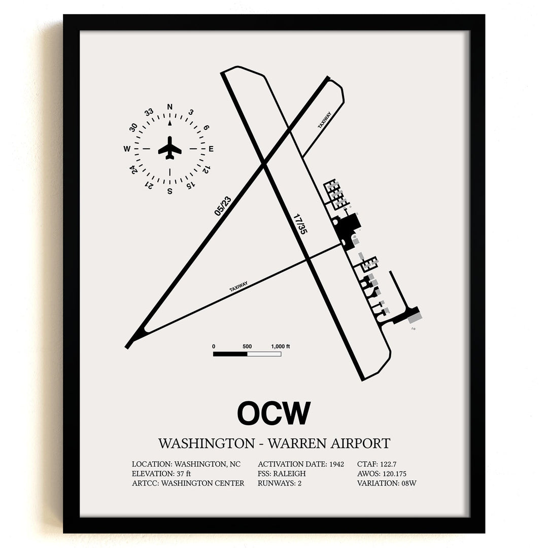 Framed Detailed Airport Map of Washington - Warren Airport (OCW) in White with a Black Frame