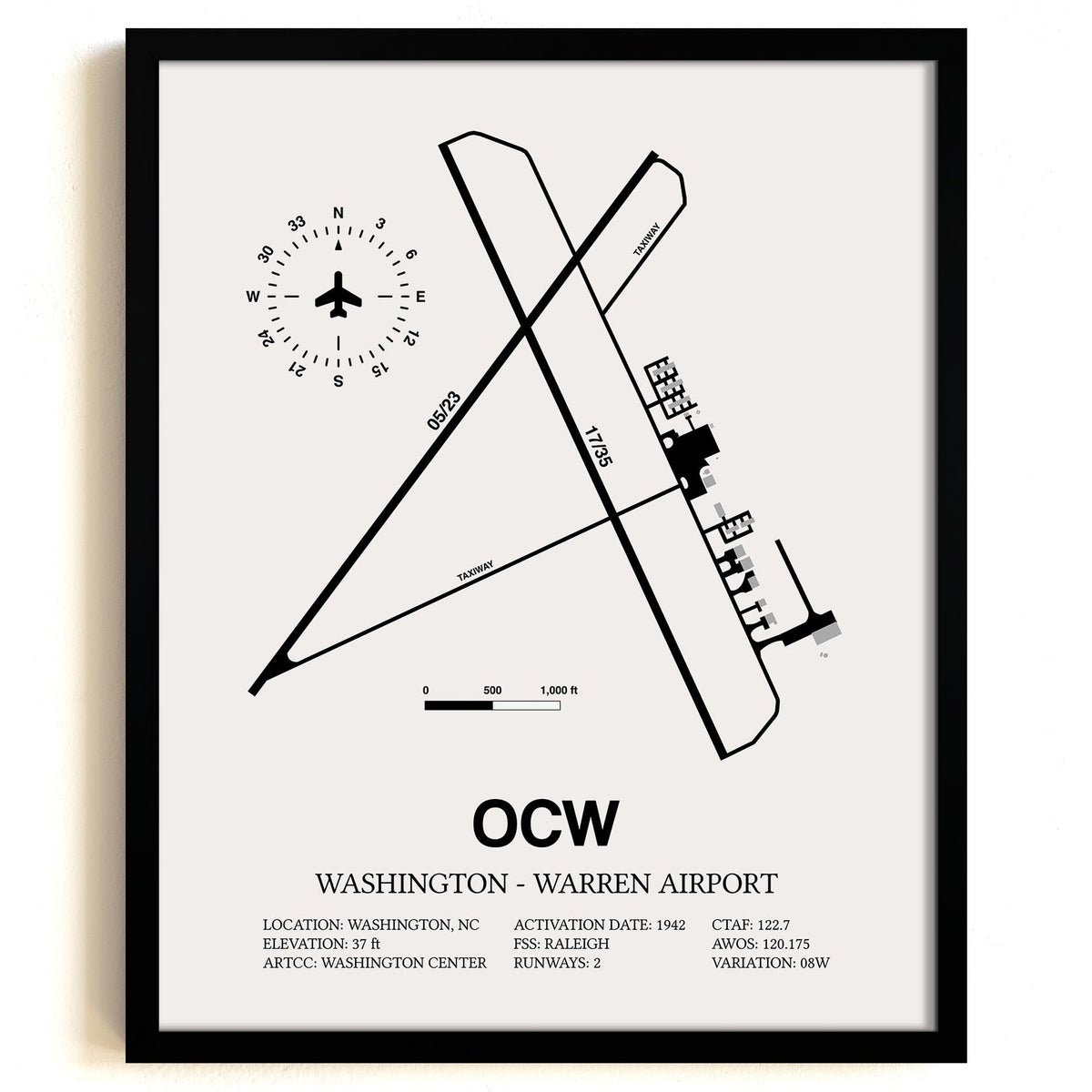Framed Detailed Airport Map of Washington - Warren Airport (OCW) in White with a Black Frame