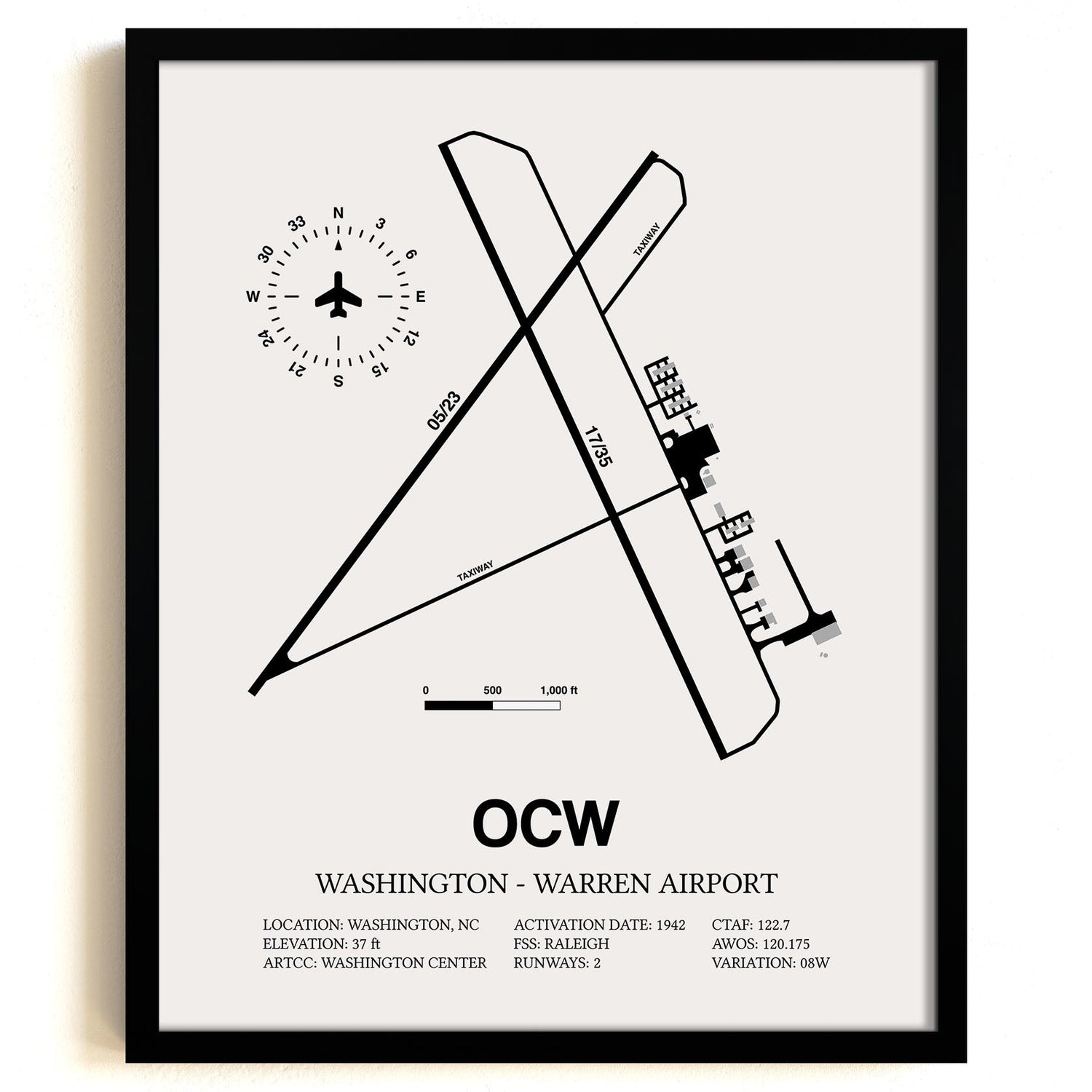Framed Detailed Airport Map of Washington - Warren Airport (OCW) in White with a Black Frame