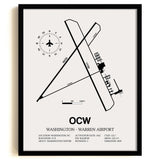 Framed Detailed Airport Map of Washington - Warren Airport (OCW) in White with a Black Frame