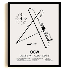 Framed Detailed Airport Map of Washington - Warren Airport (OCW) in White with a Black Frame