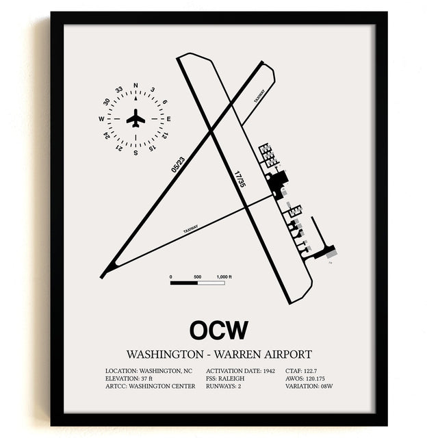 Framed Detailed Airport Map of Washington - Warren Airport (OCW) in White with a Black Frame