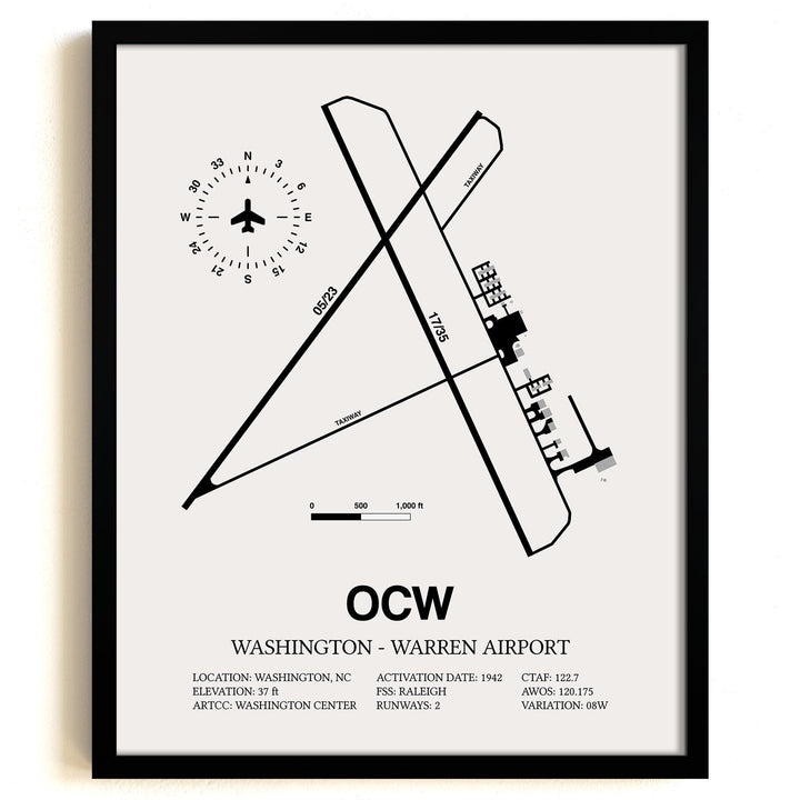 Framed Detailed Airport Map of Washington - Warren Airport (OCW) in White with a Black Frame