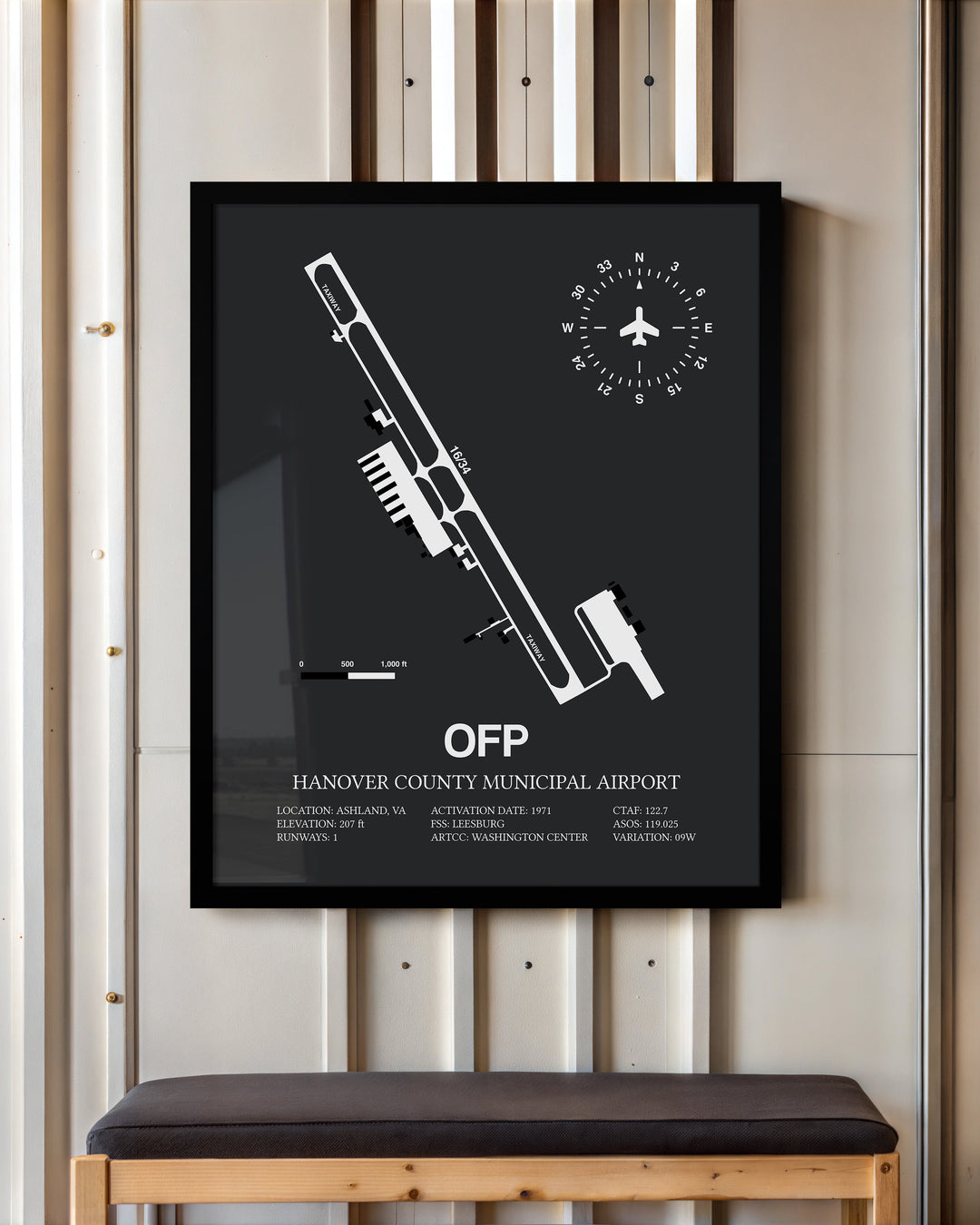 Framed Detailed Airport Map of Hanover County Municipal Airport (OFP) in Gray with a Black Frame