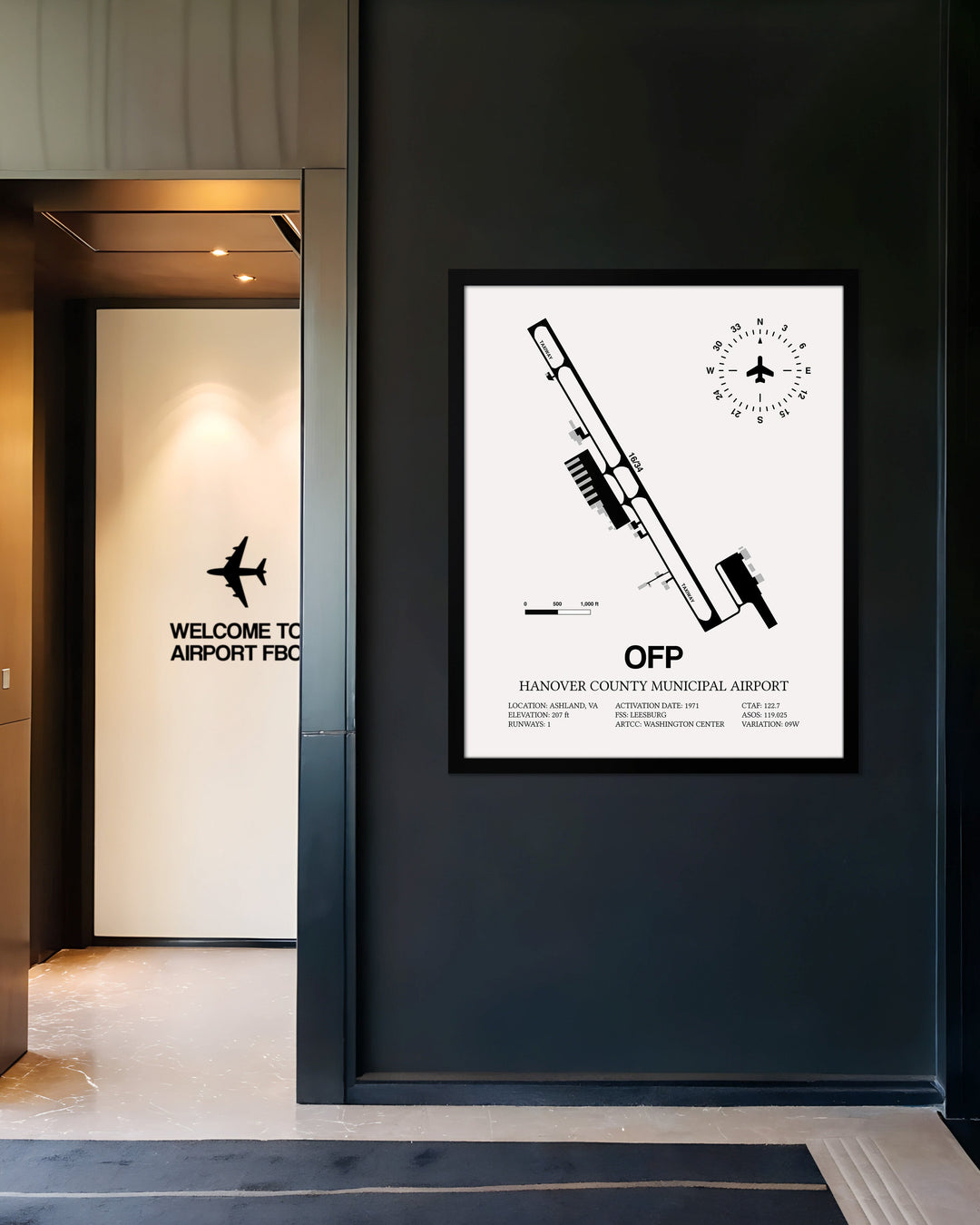 Framed Detailed Airport Map of Hanover County Municipal Airport (OFP) in White with a Black Frame