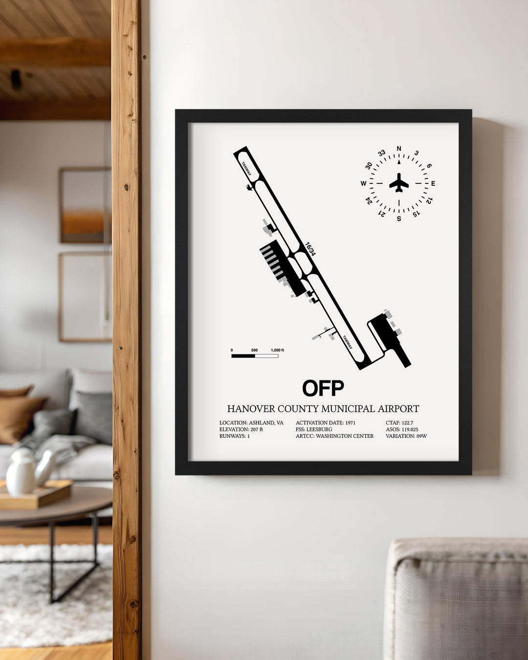 Framed Detailed Airport Map of Hanover County Municipal Airport (OFP) in White with a Black Frame