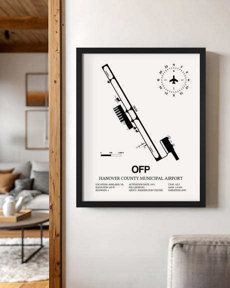 Framed Detailed Airport Map of Hanover County Municipal Airport (OFP) in White with a Black Frame