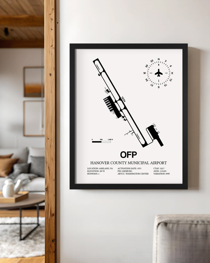 Framed Detailed Airport Map of Hanover County Municipal Airport (OFP) in White with a Black Frame