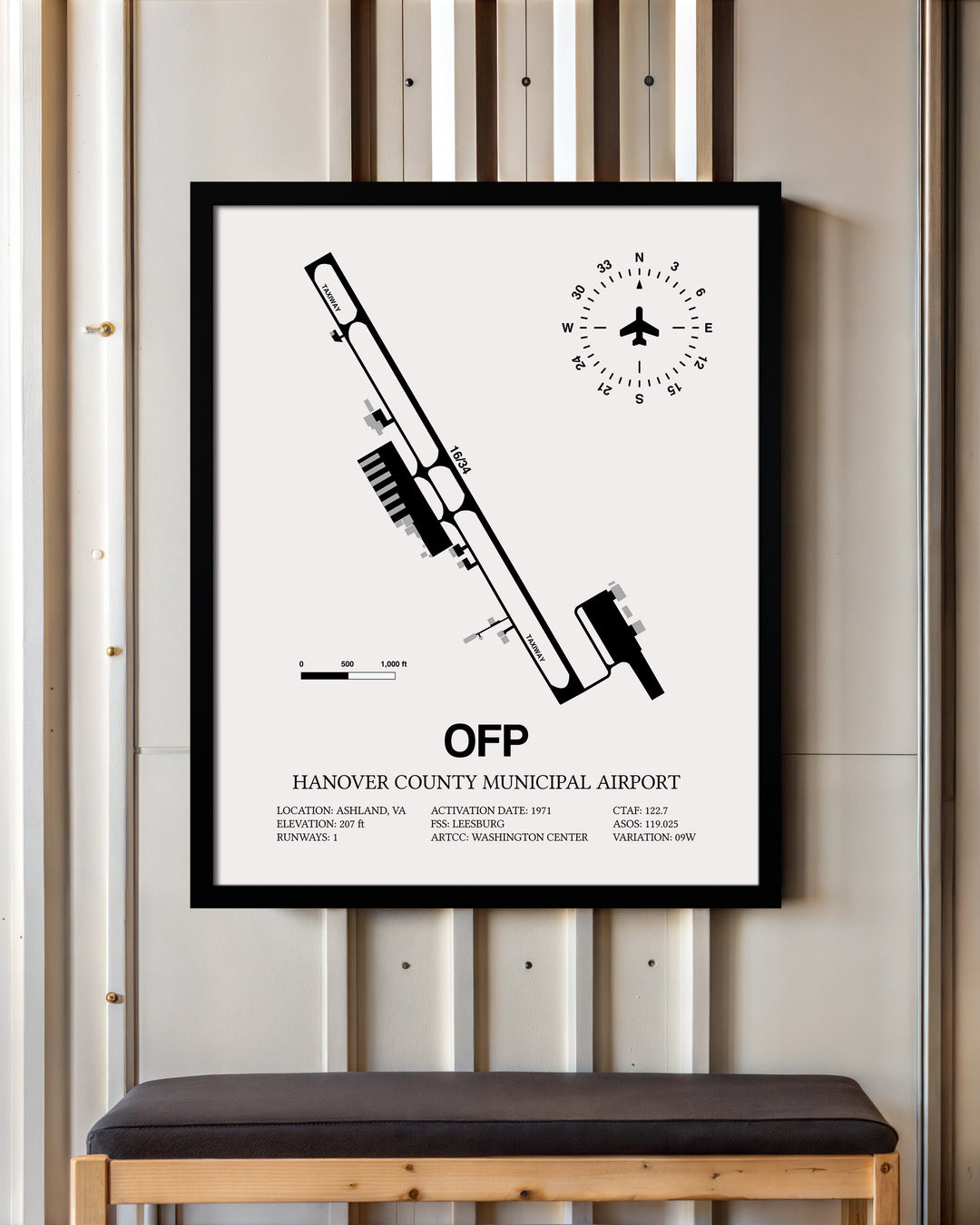 Framed Detailed Airport Map of Hanover County Municipal Airport (OFP) in White with a Black Frame