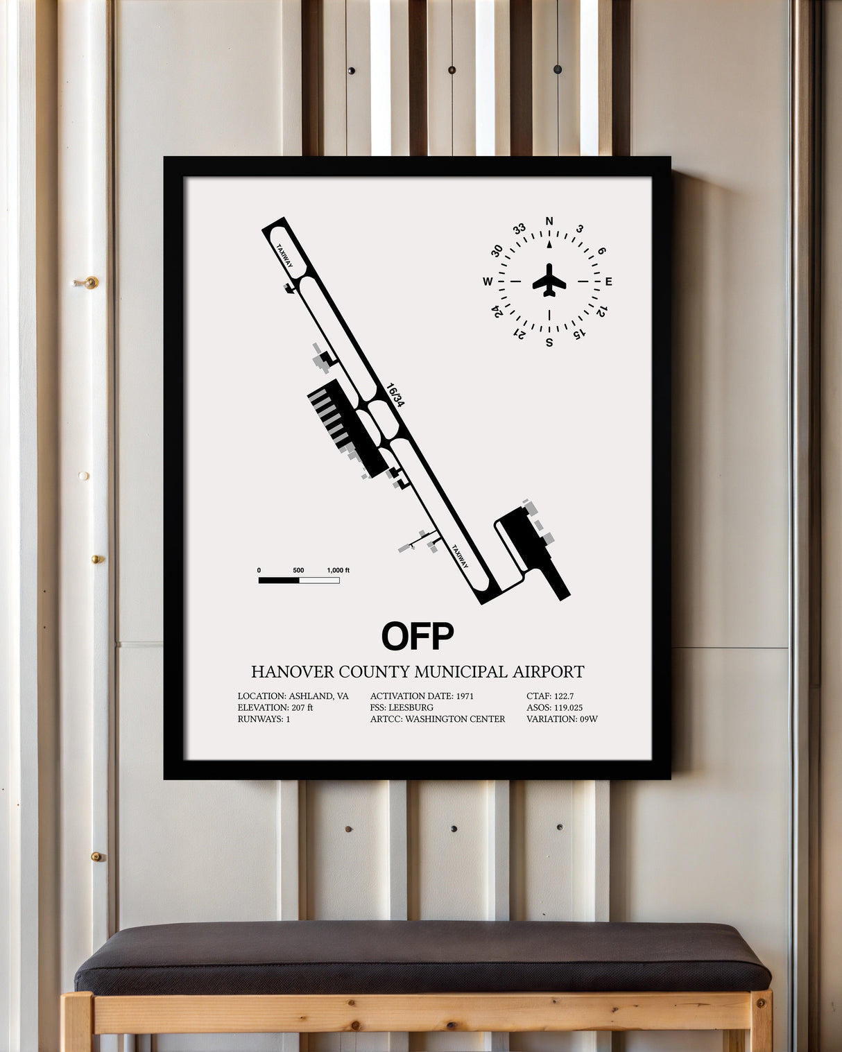 Framed Detailed Airport Map of Hanover County Municipal Airport (OFP) in White with a Black Frame