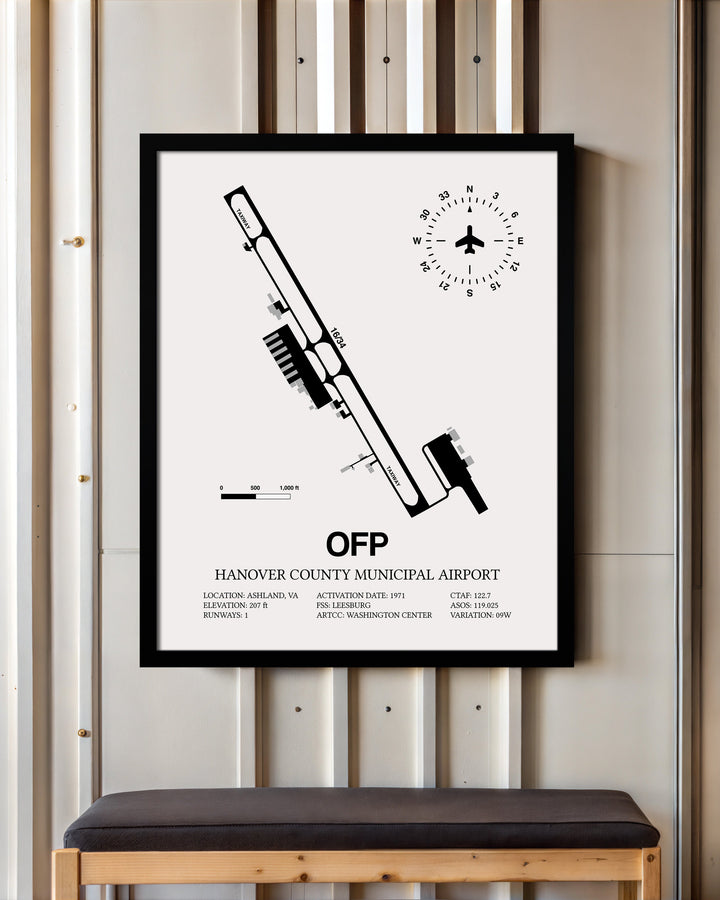 Framed Detailed Airport Map of Hanover County Municipal Airport (OFP) in White with a Black Frame
