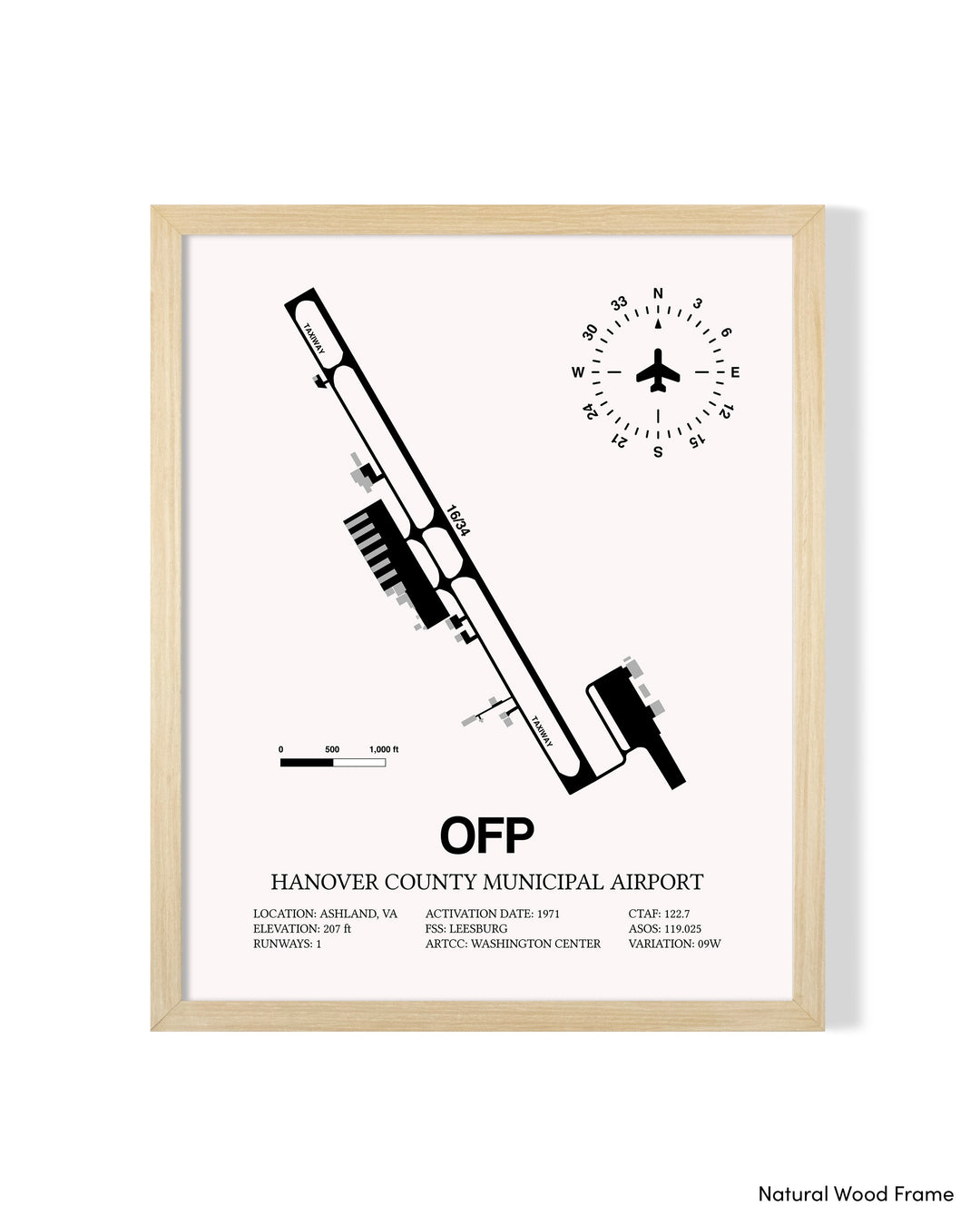 Detailed Airport Map of Hanover County Municipal Airport (OFP) in White with a Natural Frame