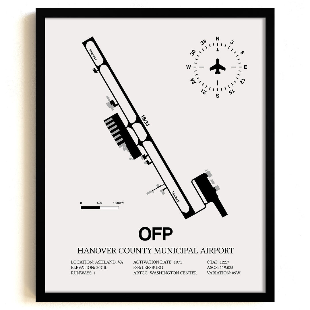 Framed Detailed Airport Map of Hanover County Municipal Airport (OFP) in White with a Black Frame