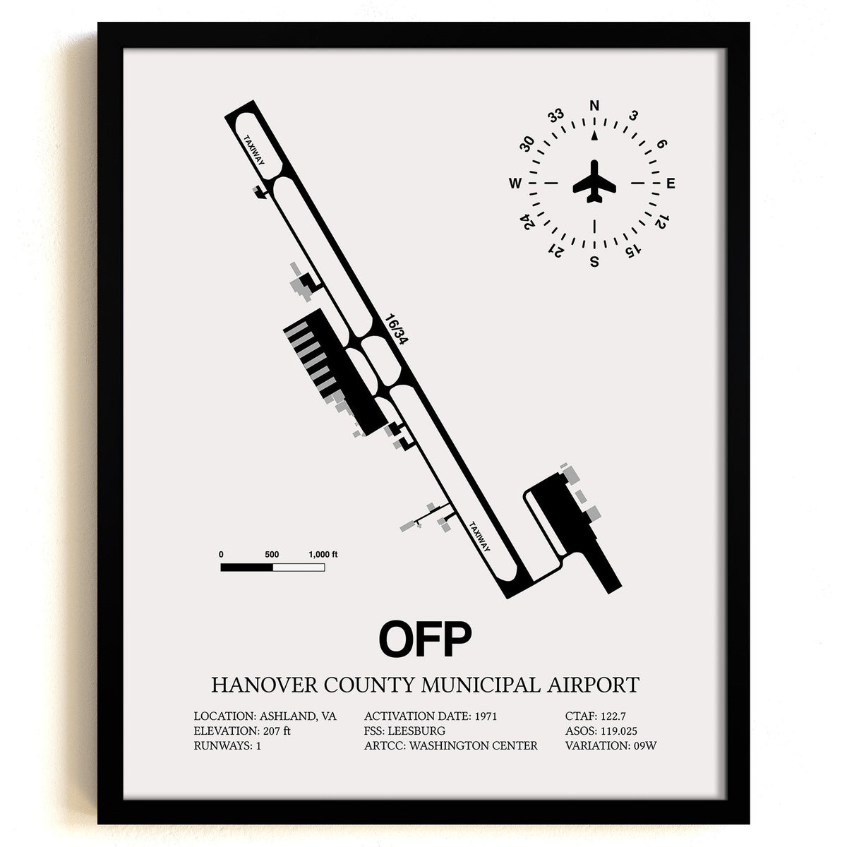 Framed Detailed Airport Map of Hanover County Municipal Airport (OFP) in White with a Black Frame