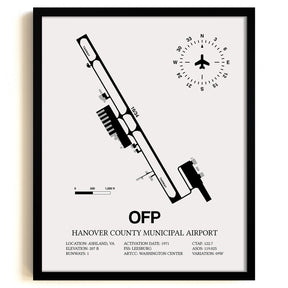 Framed Detailed Airport Map of Hanover County Municipal Airport (OFP) in White with a Black Frame