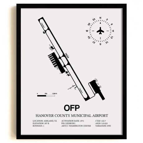 Framed Detailed Airport Map of Hanover County Municipal Airport (OFP) in White with a Black Frame