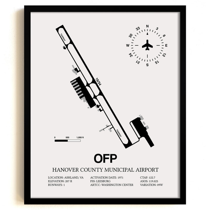 Framed Detailed Airport Map of Hanover County Municipal Airport (OFP) in White with a Black Frame