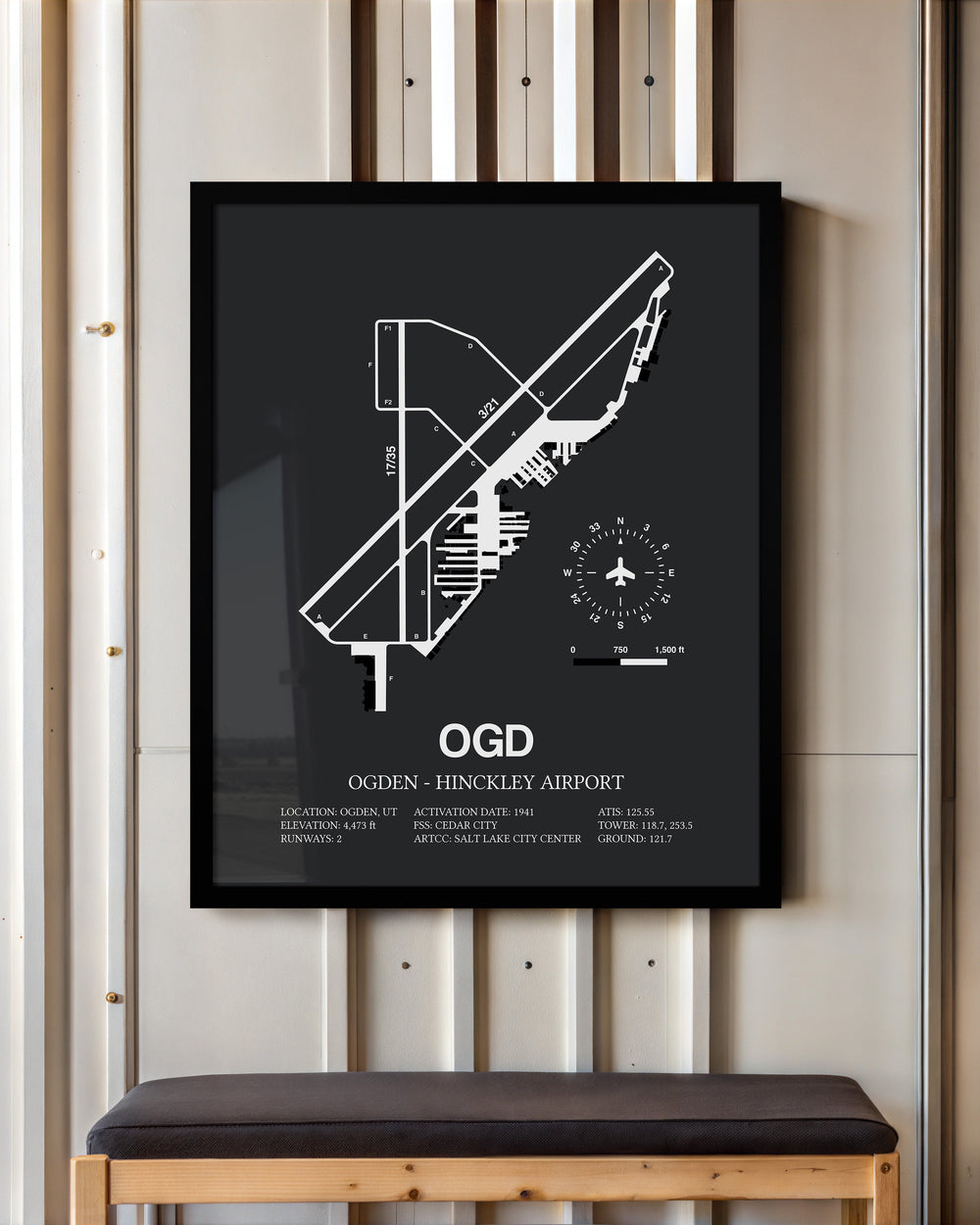 Framed Detailed Airport Map of Ogden Hinckley Airport (OGD) in Gray with a Black Frame