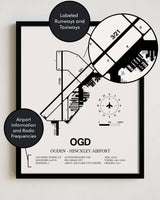 Framed Detailed Airport Map of Ogden Hinckley Airport (OGD) in White with a Black Frame
