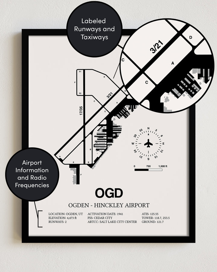 Framed Detailed Airport Map of Ogden Hinckley Airport (OGD) in White with a Black Frame