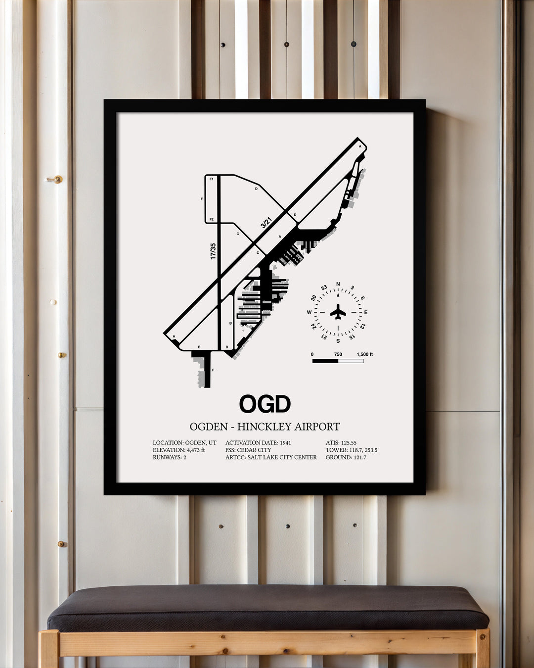 Framed Detailed Airport Map of Ogden Hinckley Airport (OGD) in White with a Black Frame
