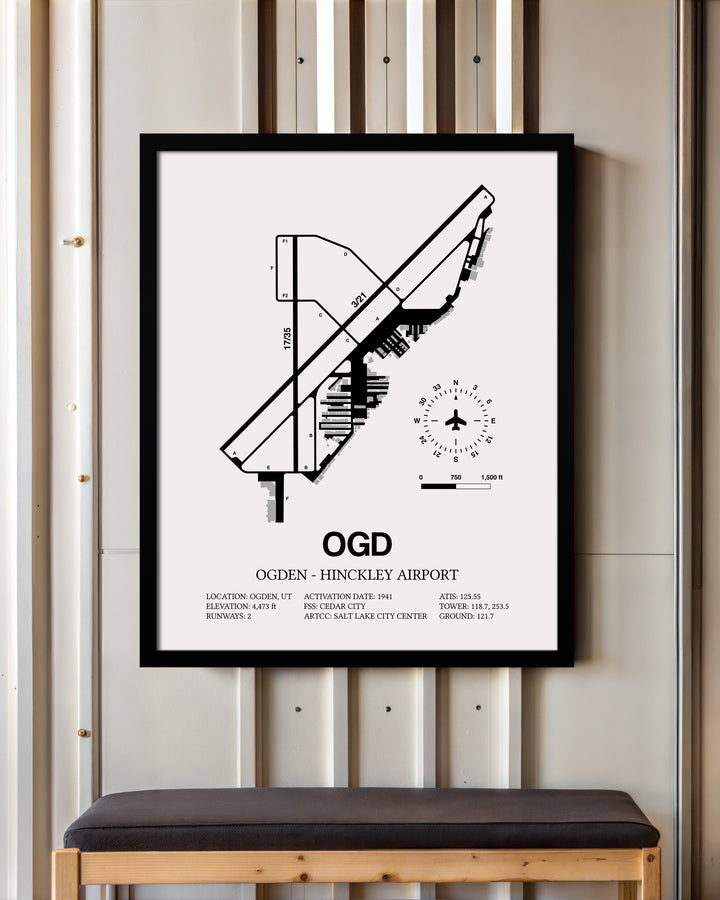 Framed Detailed Airport Map of Ogden Hinckley Airport (OGD) in White with a Black Frame