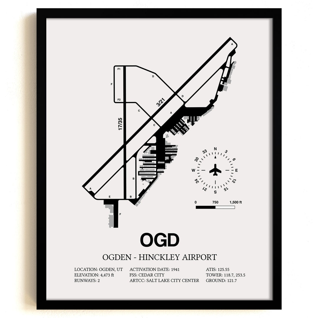 Framed Detailed Airport Map of Ogden Hinckley Airport (OGD) in White with a Black Frame