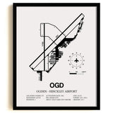 Framed Detailed Airport Map of Ogden Hinckley Airport (OGD) in White with a Black Frame