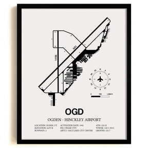 Framed Detailed Airport Map of Ogden Hinckley Airport (OGD) in White with a Black Frame
