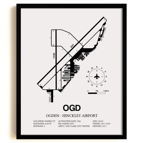 Framed Detailed Airport Map of Ogden Hinckley Airport (OGD) in White with a Black Frame