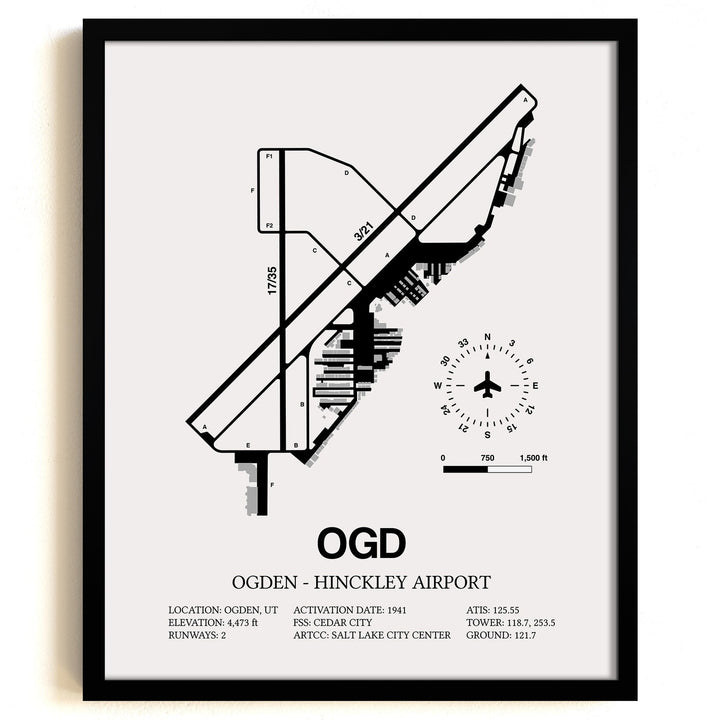 Framed Detailed Airport Map of Ogden Hinckley Airport (OGD) in White with a Black Frame