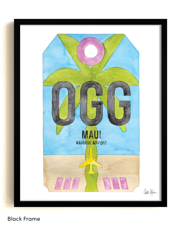 Framed Watercolor Print of Kahului Airport (OGG) with a Black Frame