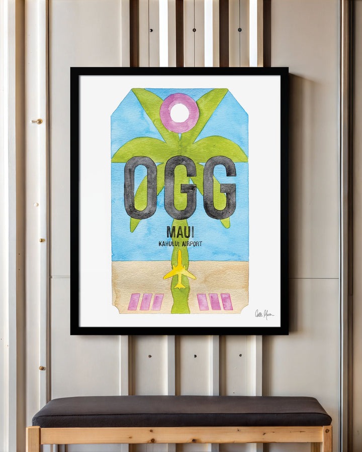 Framed Watercolor Print of Kahului Airport (OGG) with a Black Frame