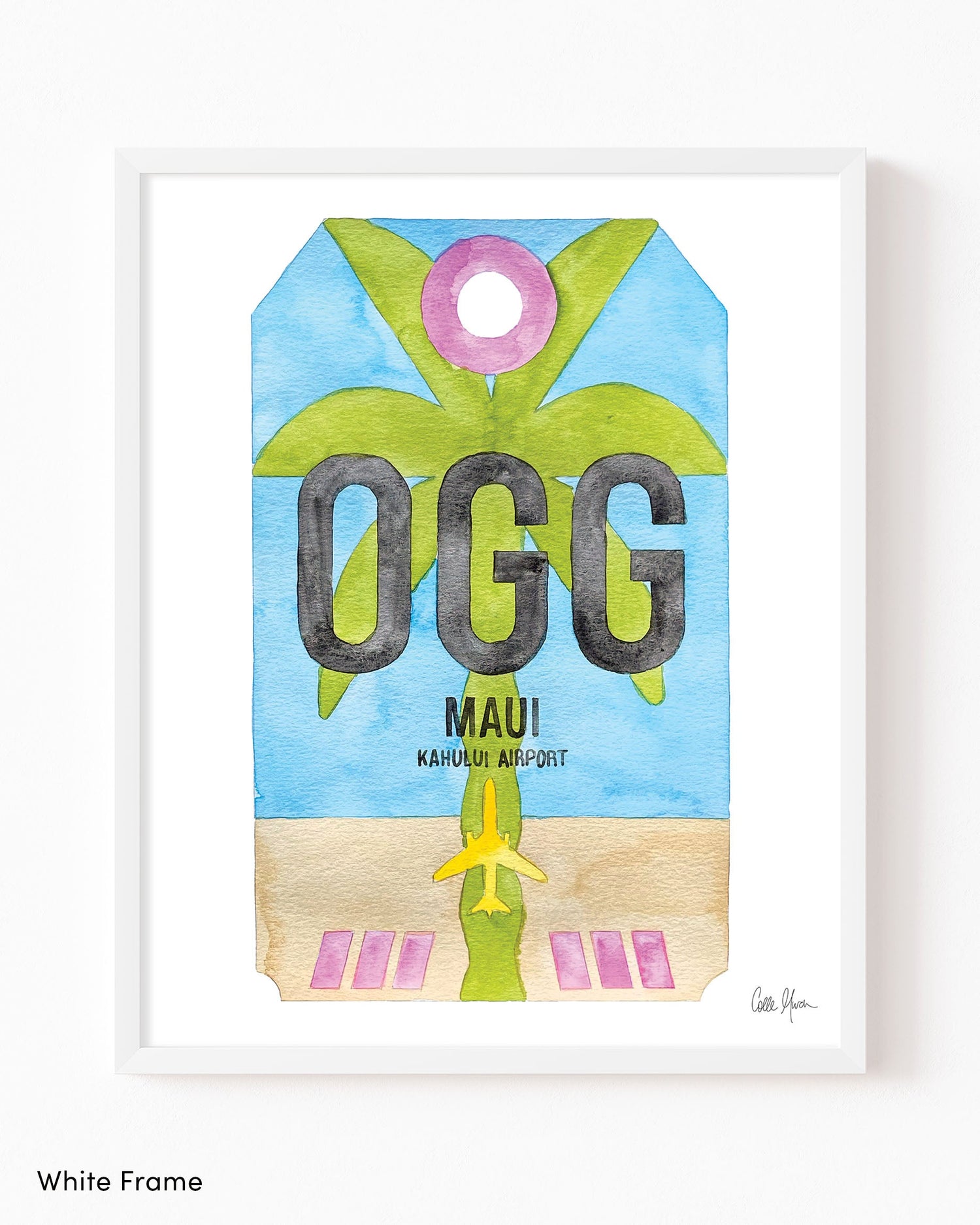 Framed Watercolor Print of Kahului Airport (OGG) with a White Frame