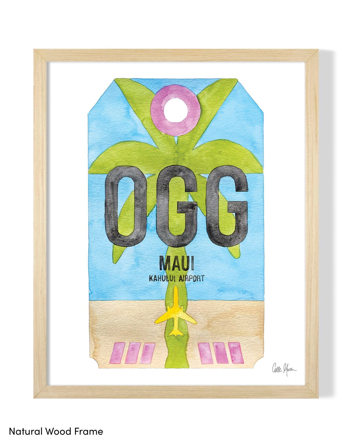 Framed Watercolor Print of Kahului Airport (OGG) with a Natural Wood Frame