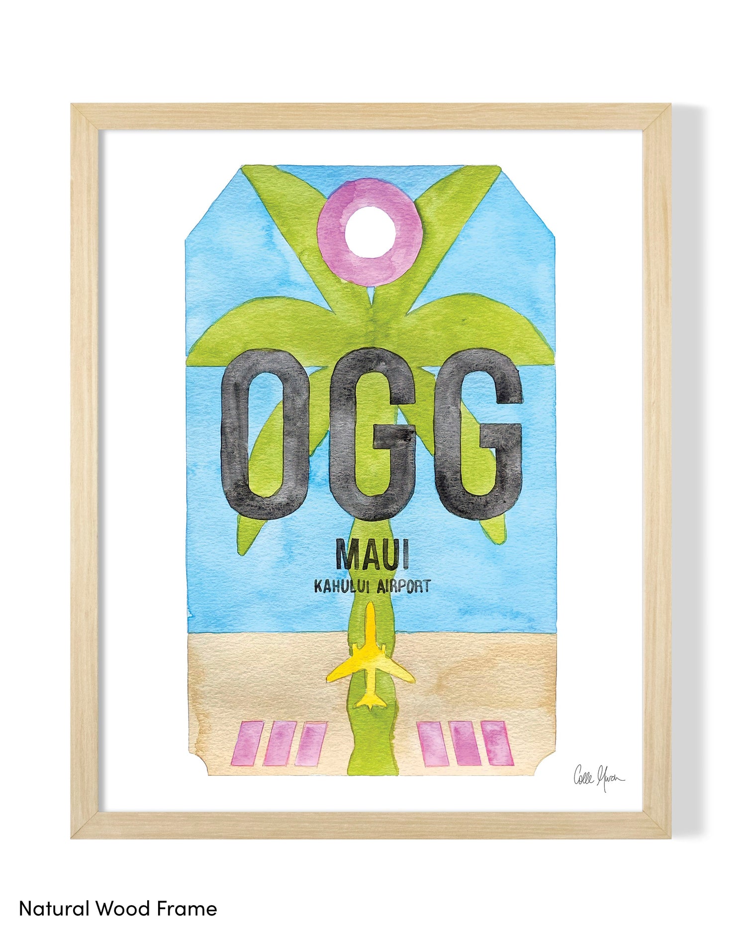 Framed Watercolor Print of Kahului Airport (OGG) with a Natural Wood Frame