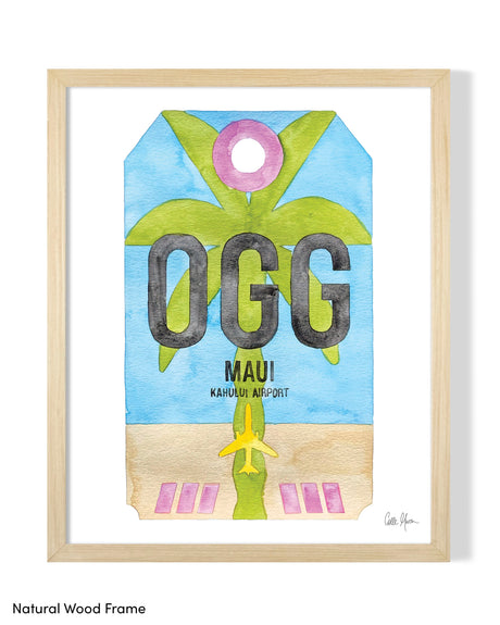 Framed Watercolor Print of Kahului Airport (OGG) with a Natural Wood Frame