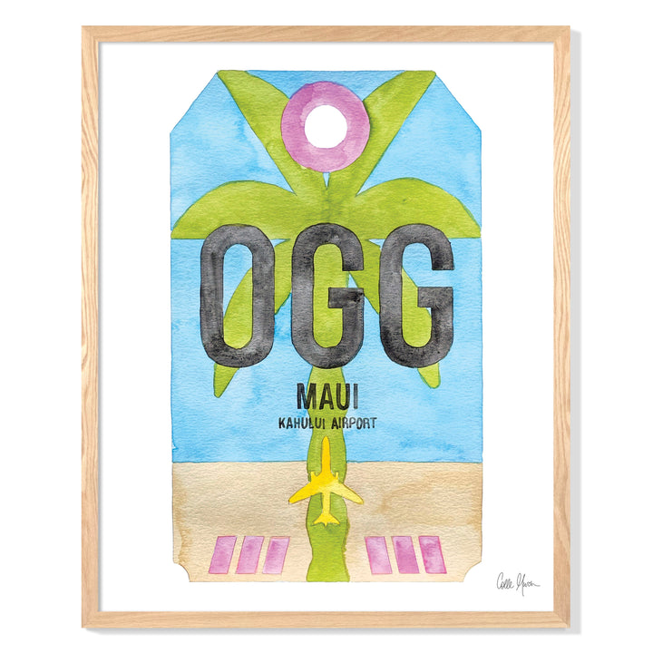 Framed Watercolor Print of Kahului Airport (OGG) with an Oak Frame