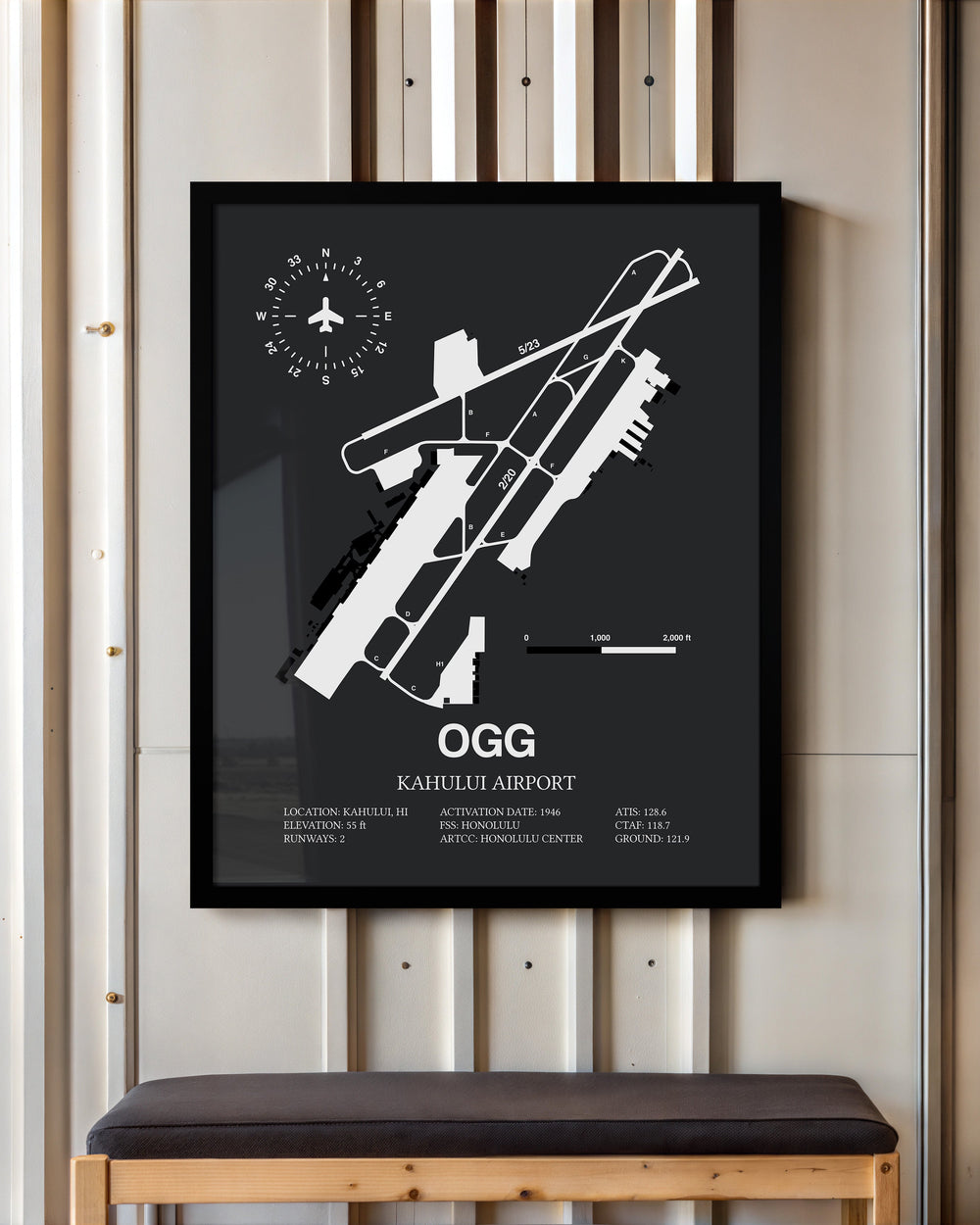 Framed Detailed Airport Map of Kahului Airport (OGG) in Gray with a Black Frame