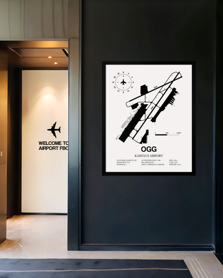 Framed Detailed Airport Map of Kahului Airport (OGG) in White with a Black Frame