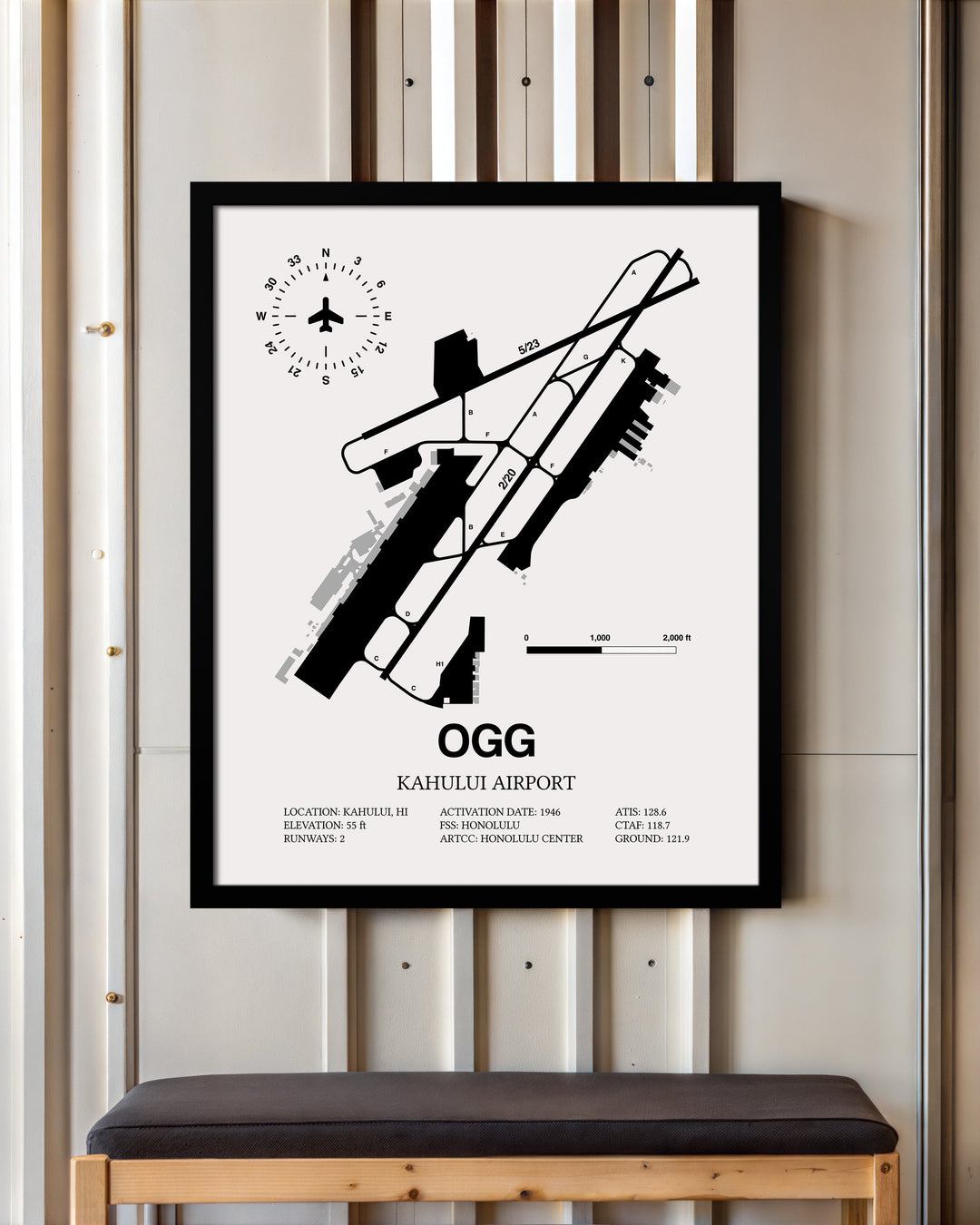 Framed Detailed Airport Map of Kahului Airport (OGG) in White with a Black Frame