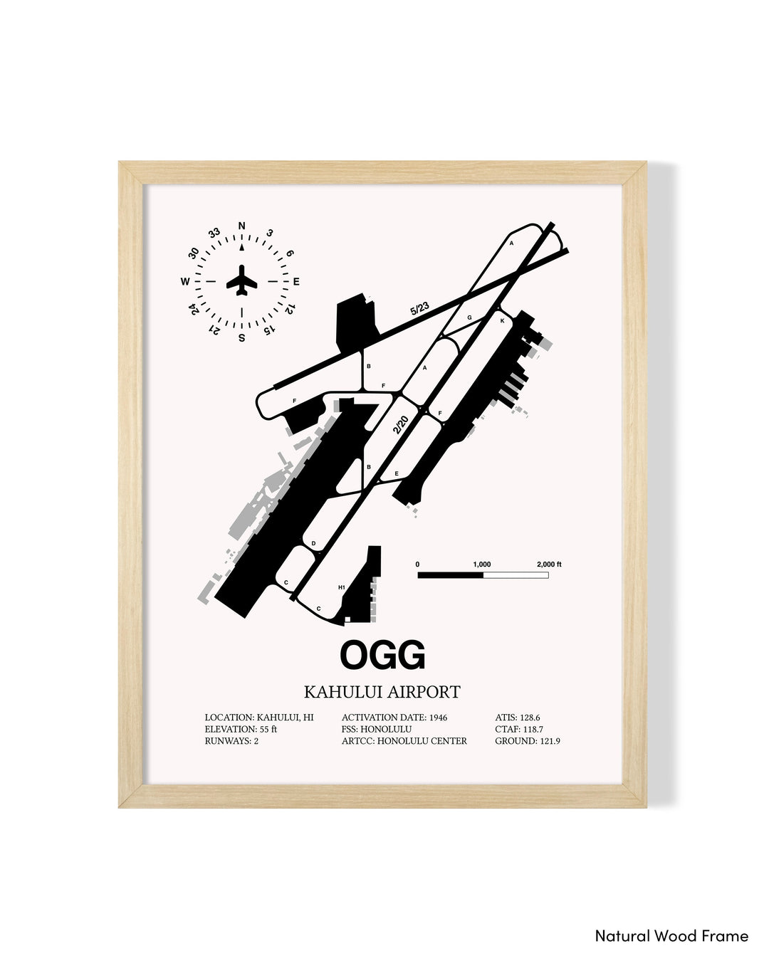 Detailed Airport Map of Kahului Airport (OGG) in White with a Natural Frame