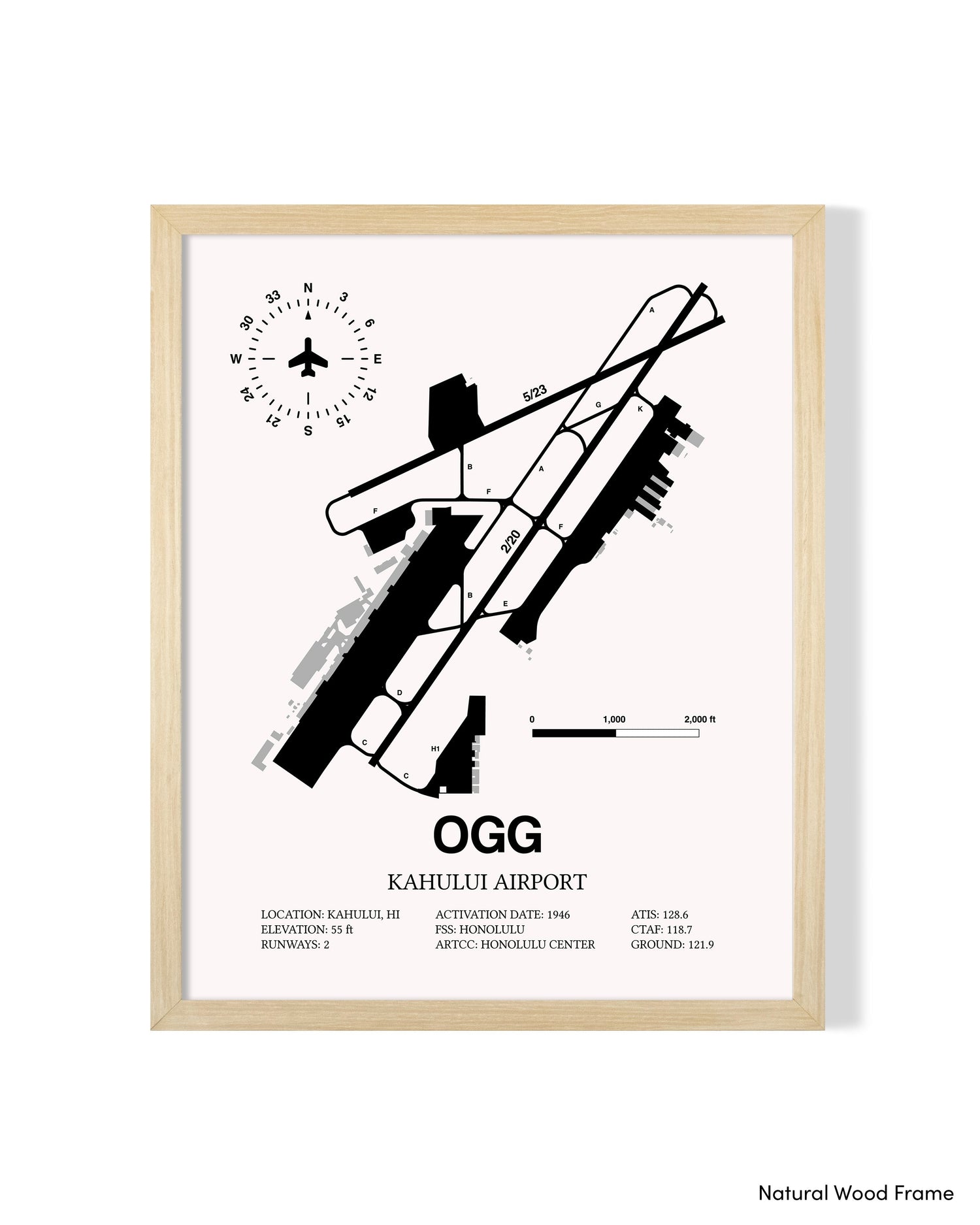 Detailed Airport Map of Kahului Airport (OGG) in White with a Natural Frame