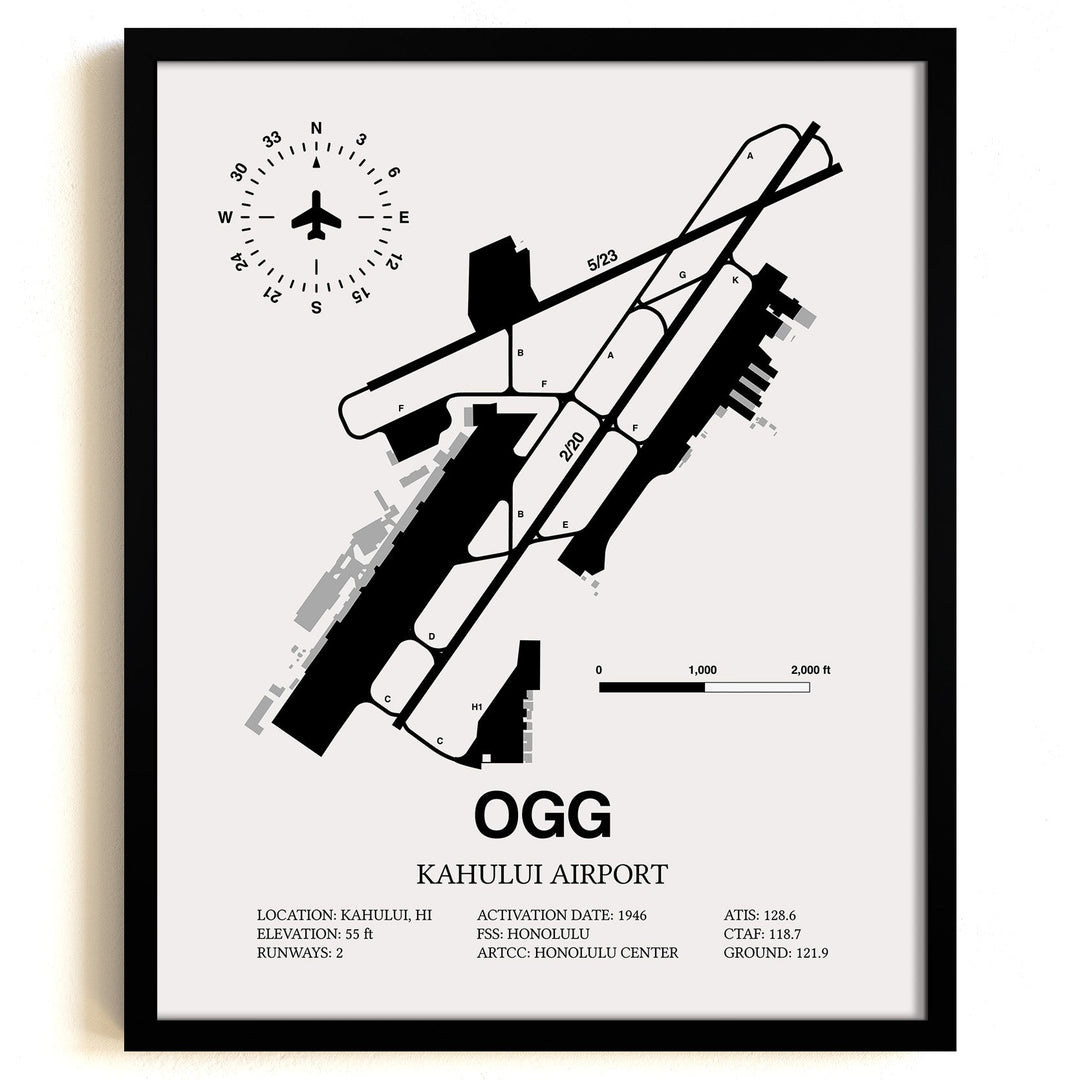 Framed Detailed Airport Map of Kahului Airport (OGG) in White with a Black Frame