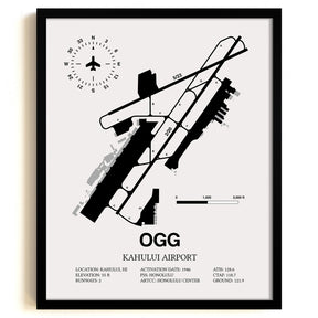 Framed Detailed Airport Map of Kahului Airport (OGG) in White with a Black Frame