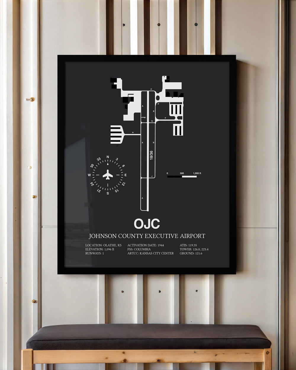 Framed Detailed Airport Map of Johnson County Executive Airport (OJC) in Gray with a Black Frame