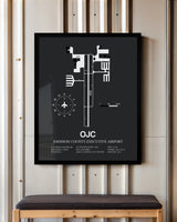 Framed Detailed Airport Map of Johnson County Executive Airport (OJC) in Gray with a Black Frame